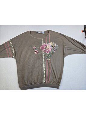Vintage Bonnie & Bill By Holly Floral Embroidered Taupe Dolman Top 2X